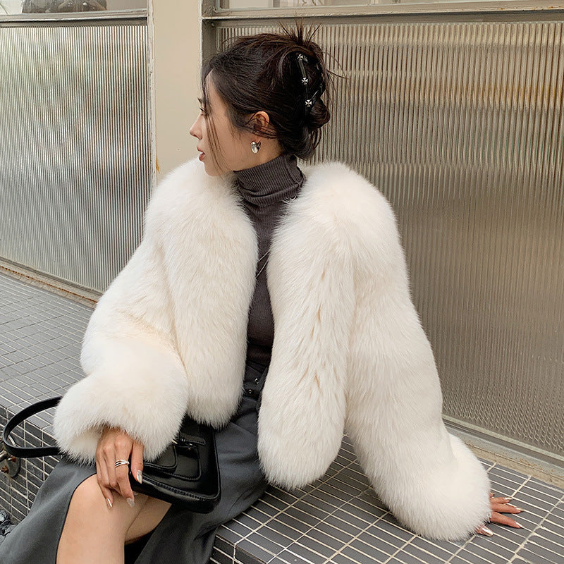 Elegant Pure White Fox Fur Coat