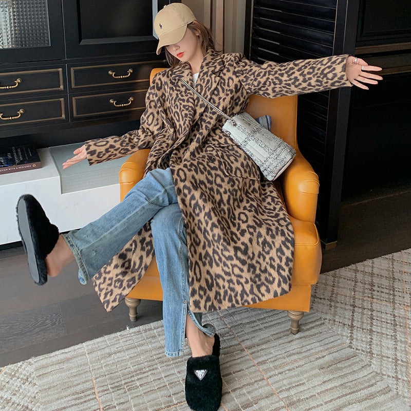 Long Leopard Print Woollen Coat