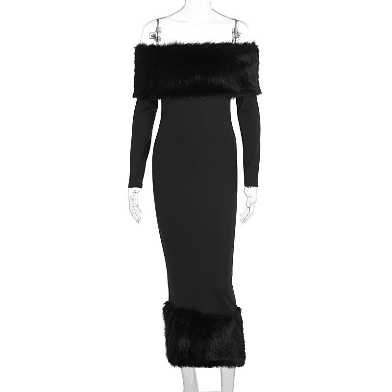 Fur Collar Off-neck Long Sleeve Maxi Dress