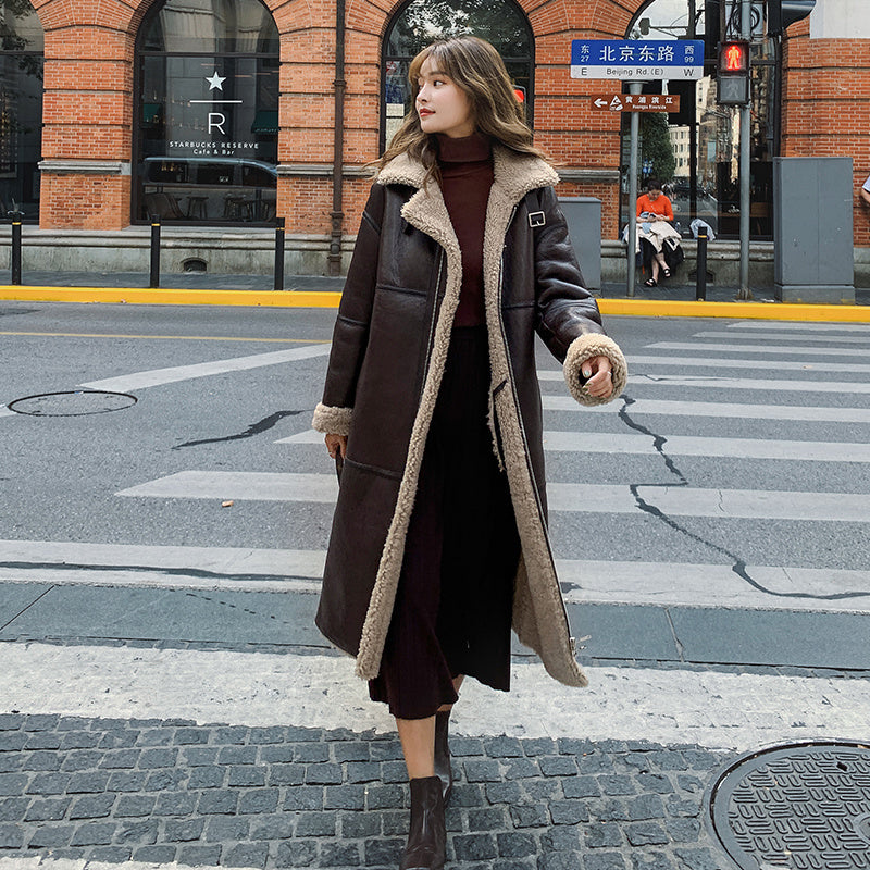 Lamb Wool Mid-length Leather Coat