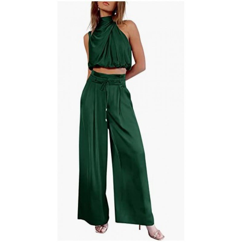 Sleeveless Midriff-baring Top And Wide Leg Pants 2pcs Set