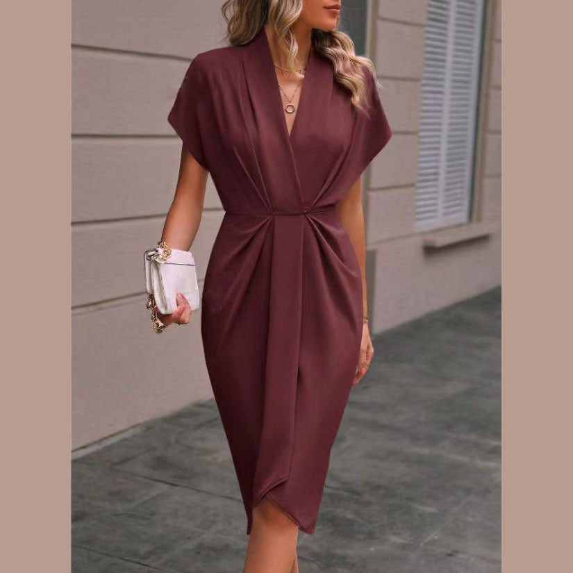 V-neck Short Sleeve Pleated Jumpsuit