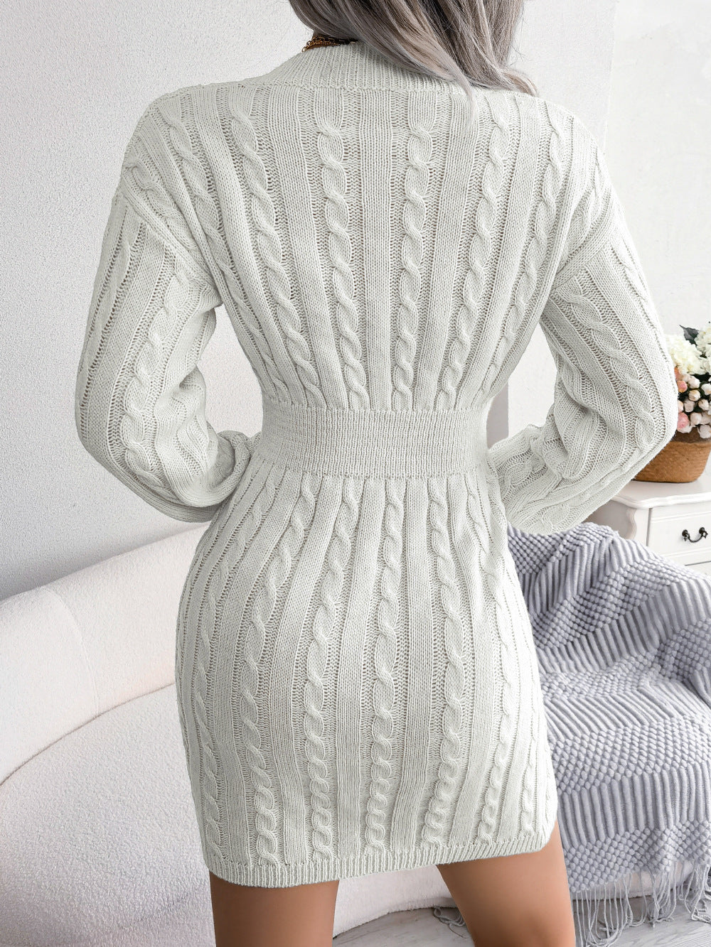 V-Neck Long Sleeve Knit Woolen Dress