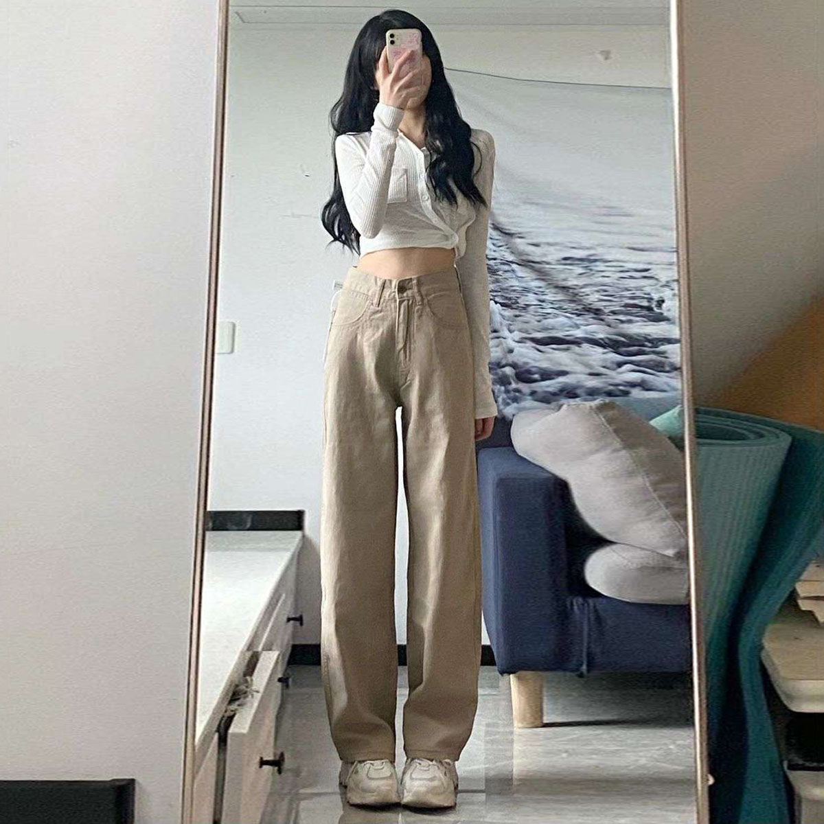 High-Waist, Retro Loose Straight Mopping Pants