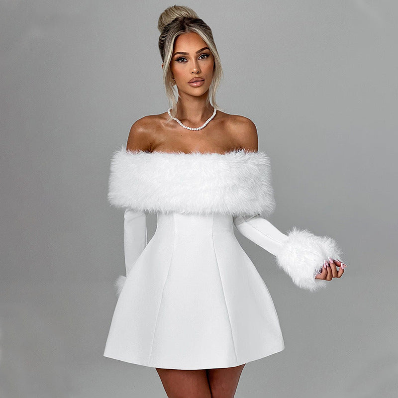 Fur Collar Off-shoulder Mini Dress