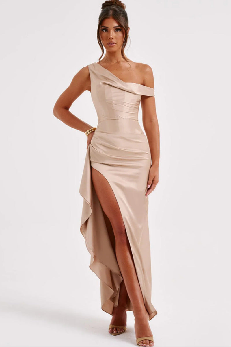 Slant Shoulder Satin Maxi Dress