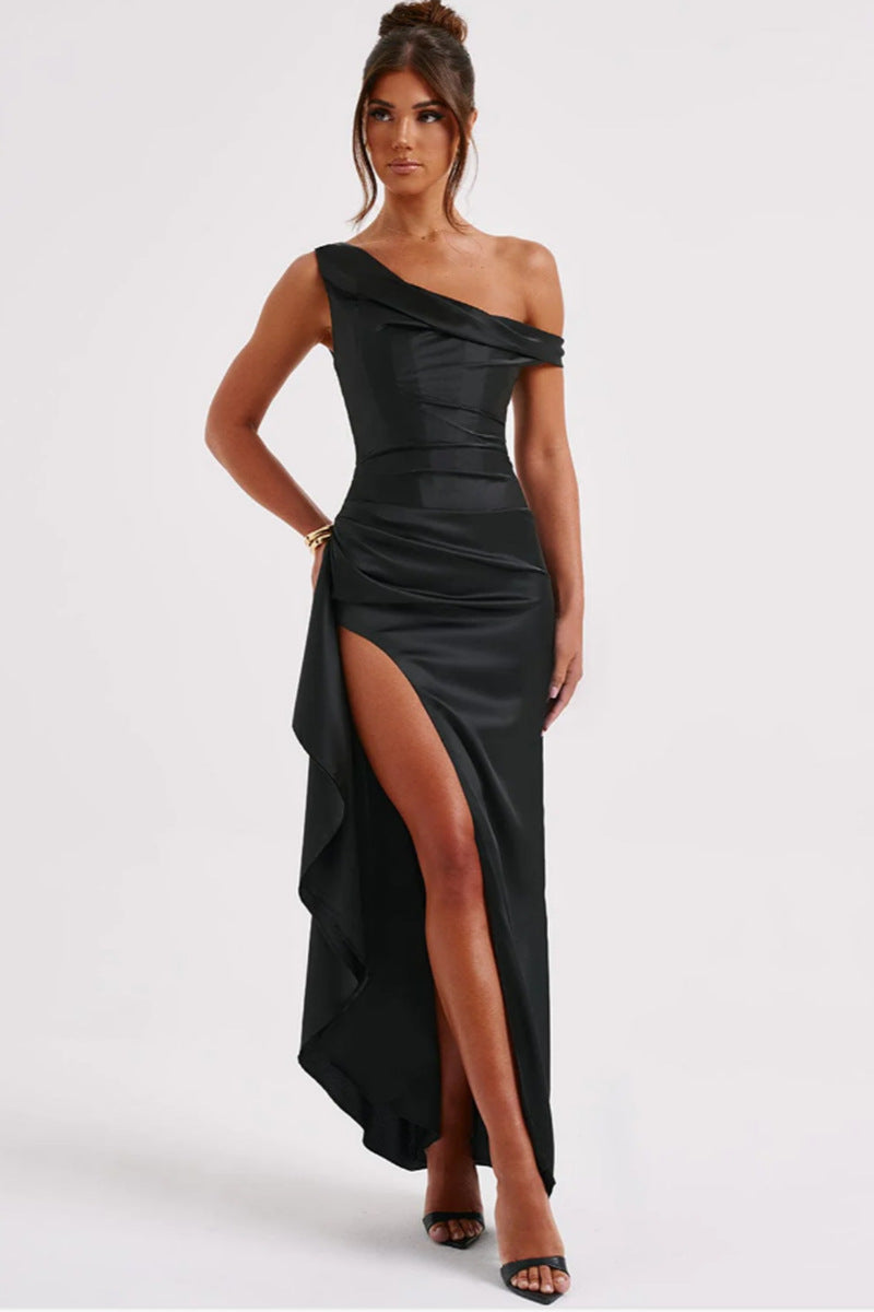 Slant Shoulder Satin Maxi Dress