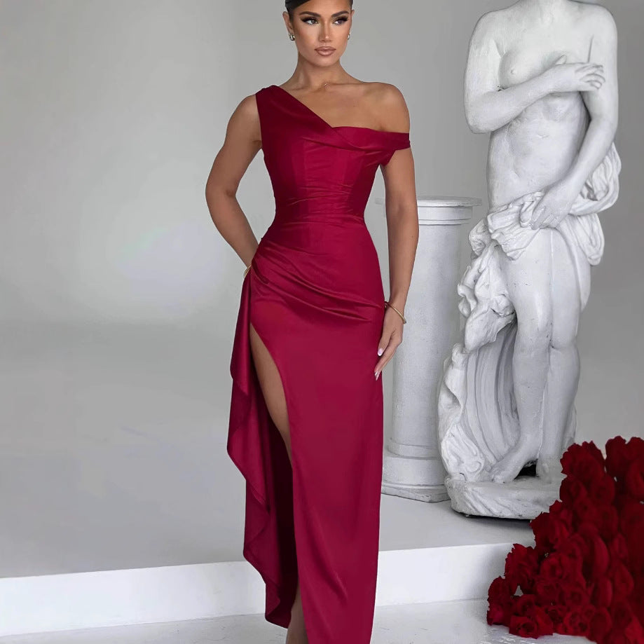 Slant Shoulder Satin Maxi Dress