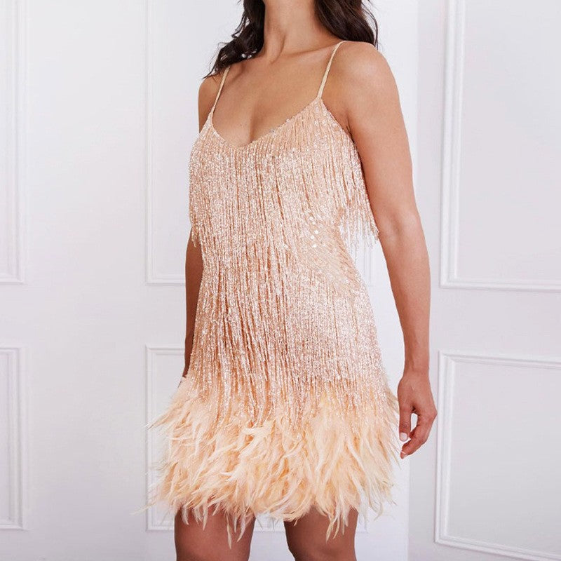 V-neck Strap Feather Stitching Dress