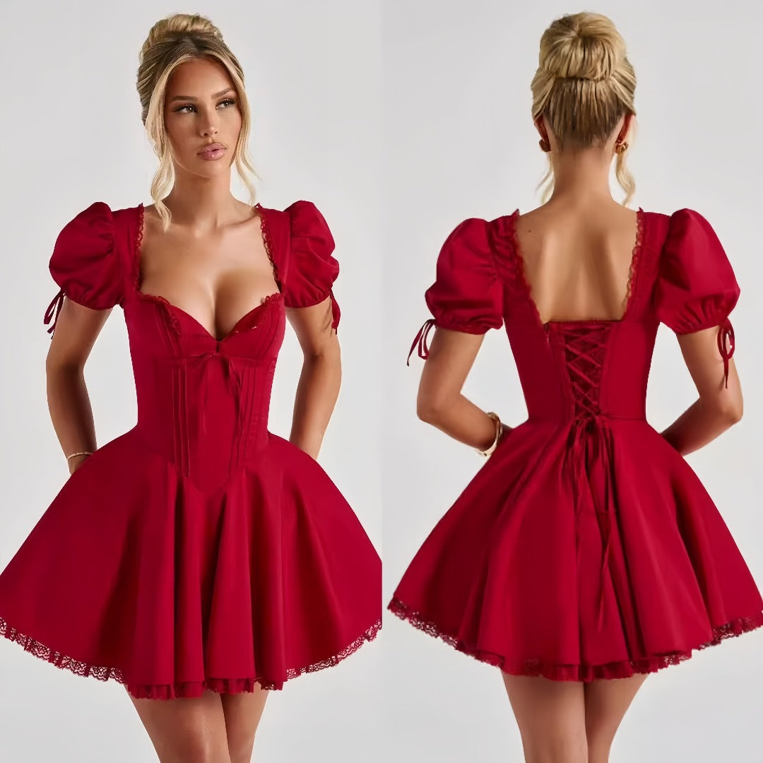 Lace Puff Short Sleeve Mini Dress