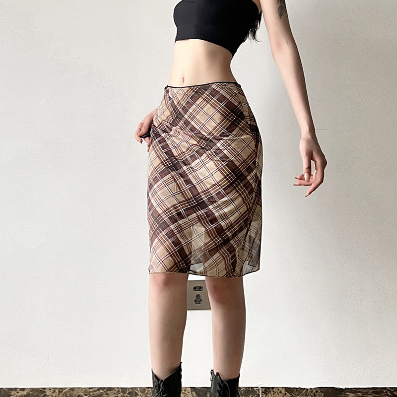 American Retro Mesh Plaid Skirt