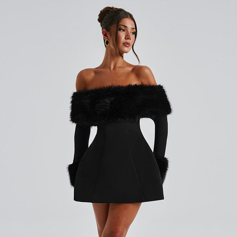 Fur Collar Off-shoulder Mini Dress