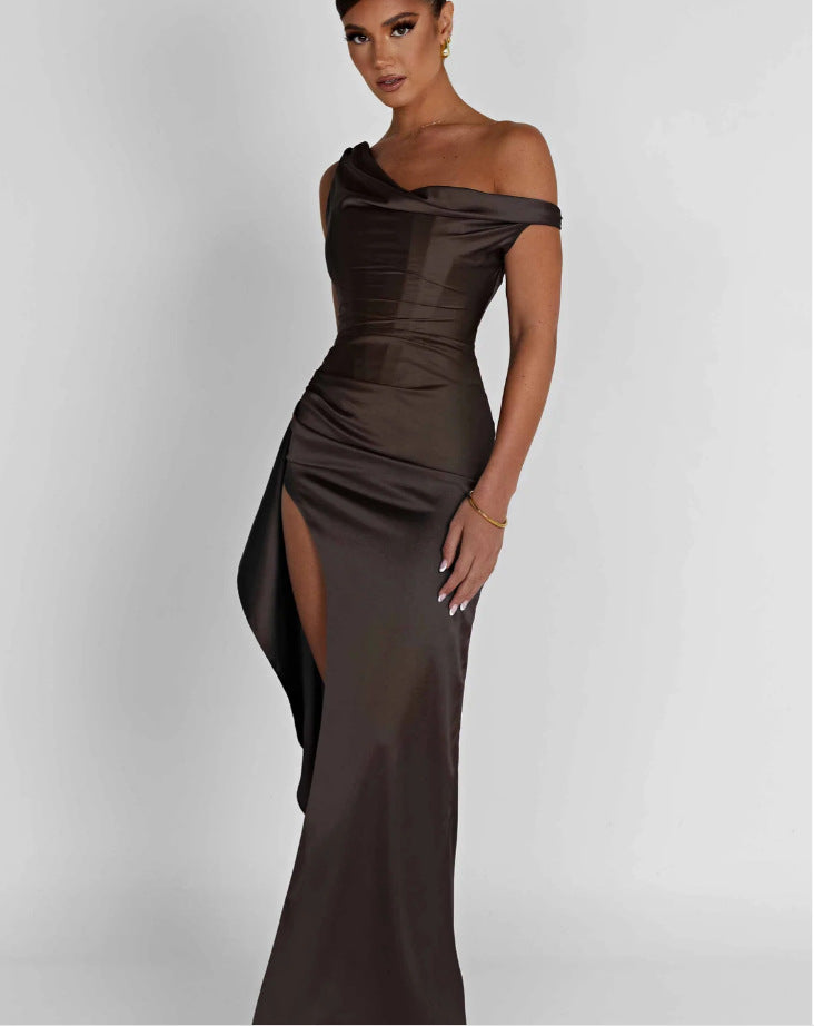 Slant Shoulder Satin Maxi Dress