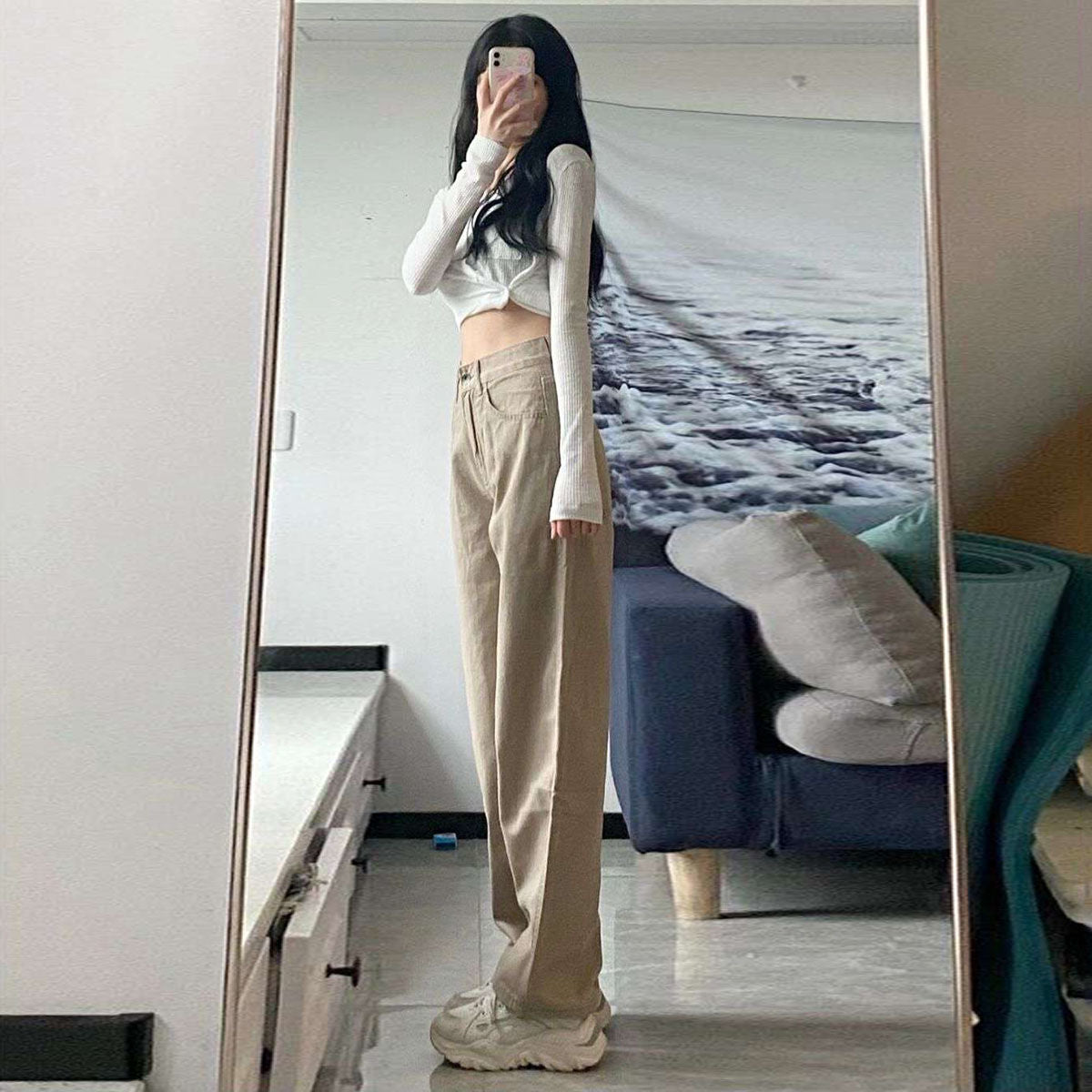 High-Waist, Retro Loose Straight Mopping Pants