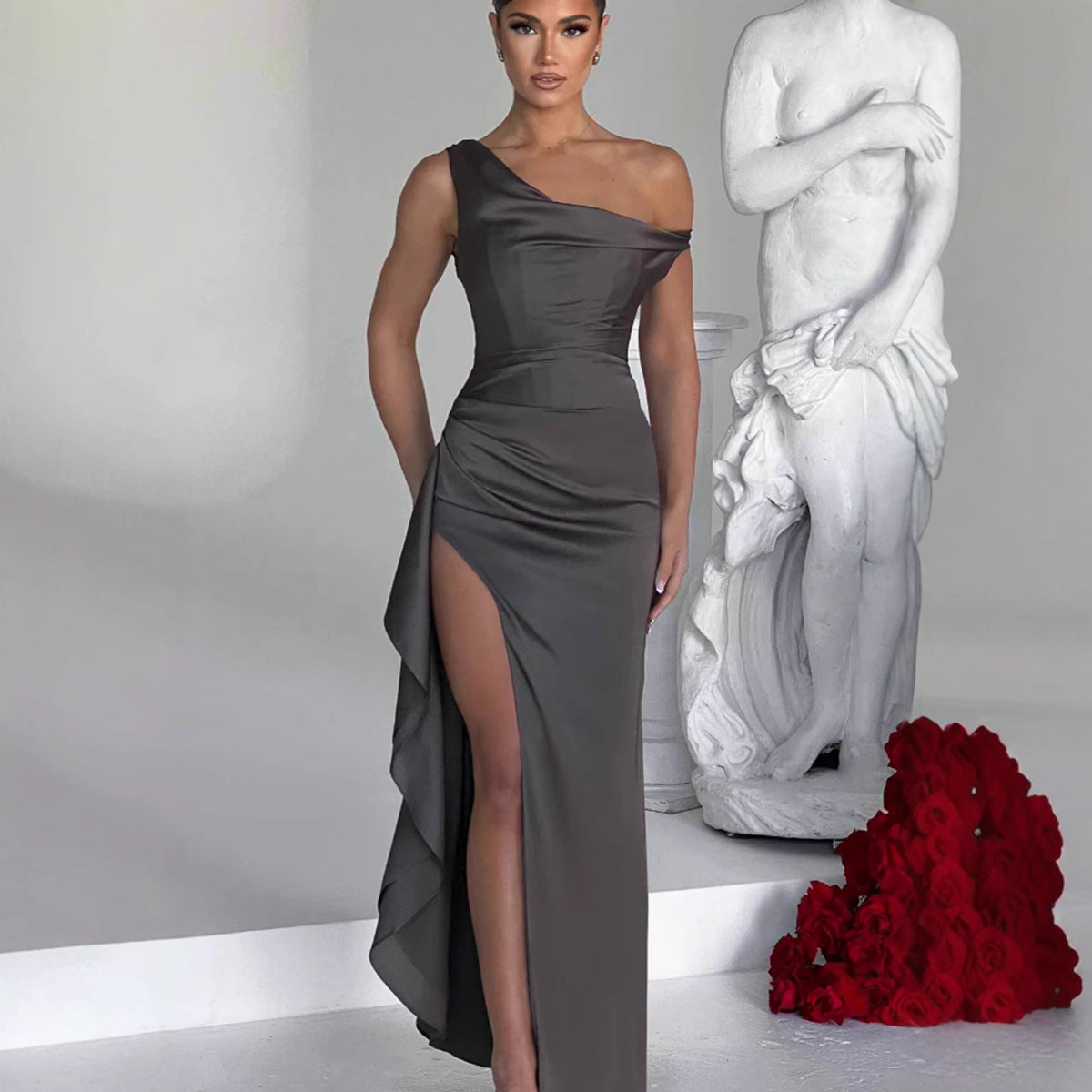 Slant Shoulder Satin Maxi Dress