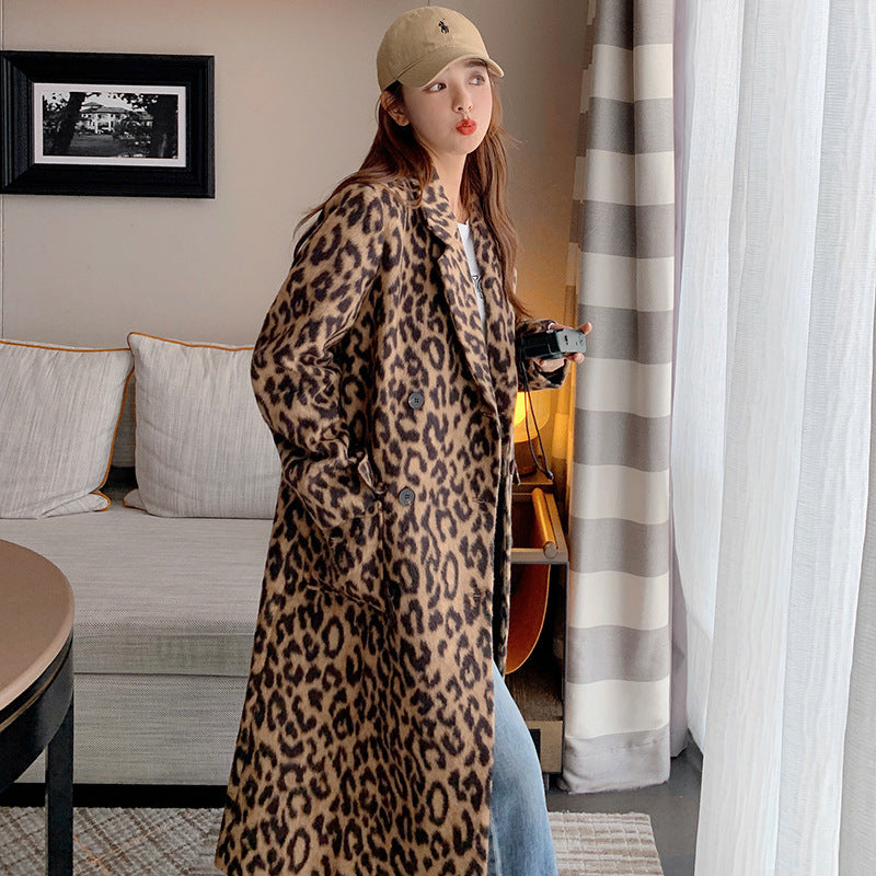 Long Leopard Print Woollen Coat