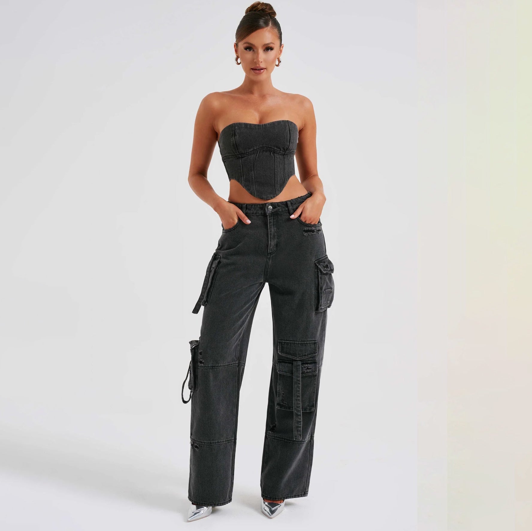 Low Waist Three-dimensional Tube Top And Pocket Stitching Jeans