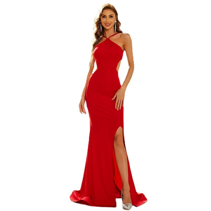 Red Halter-neck Knee-cut Long Dress