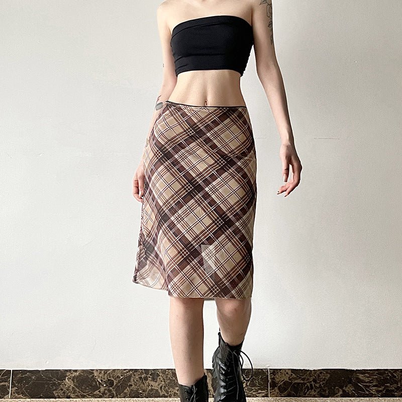 American Retro Mesh Plaid Skirt - Qorsage