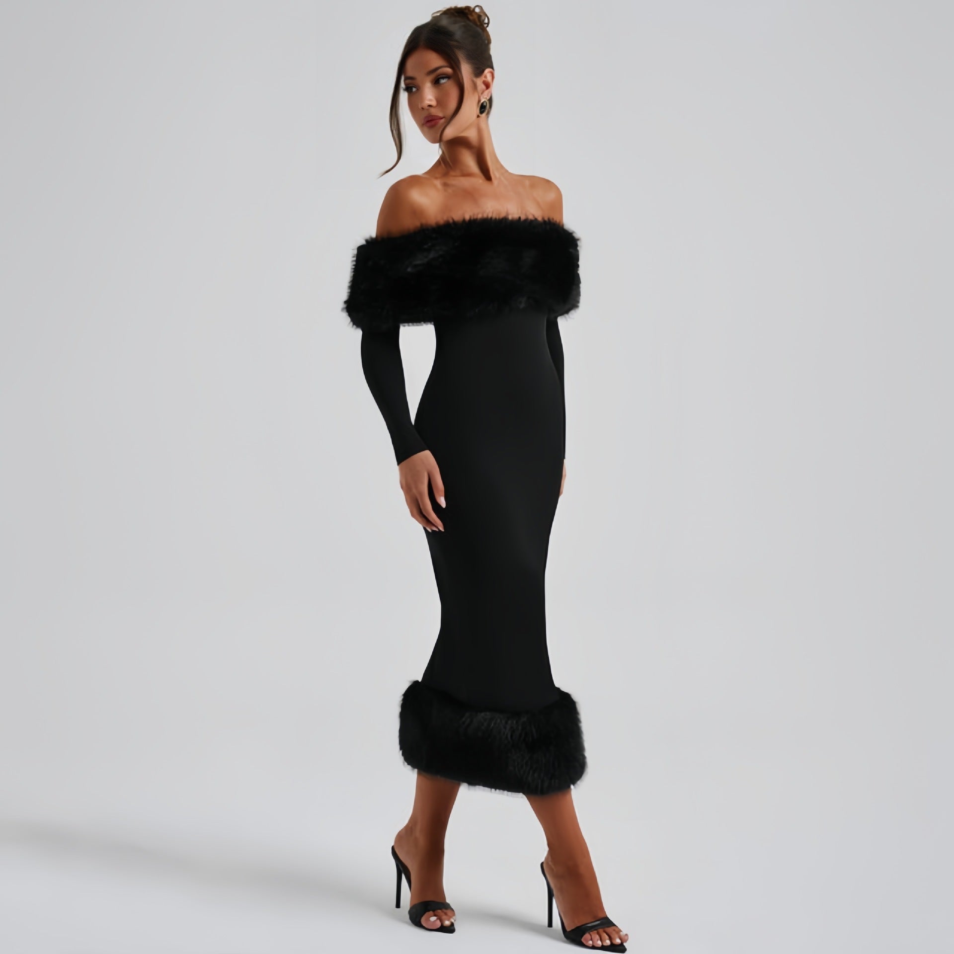 Fur Collar Off-neck Long Sleeve Maxi Dress
