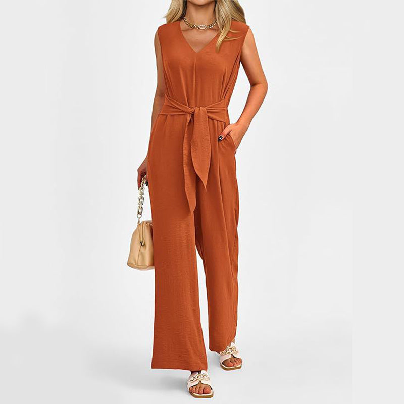 V-neck Sleeveless Long Jumpsuit With Pockets And Lace-up