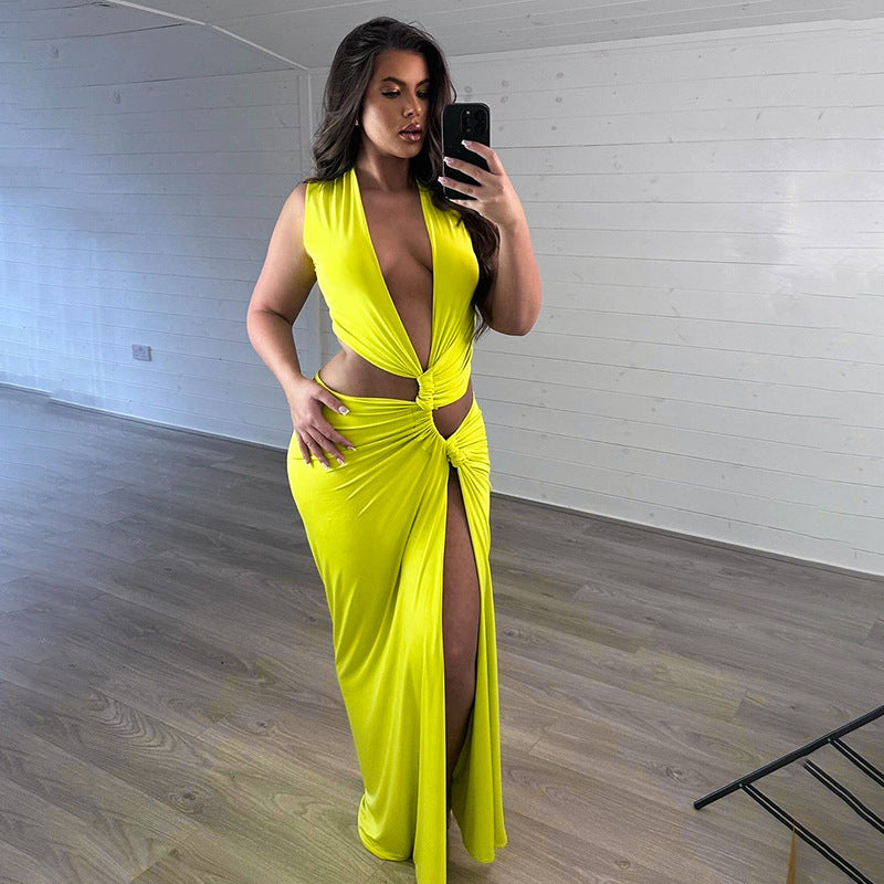 Solid Color Deep V-neck Hollow-out Slimming Evening Dress