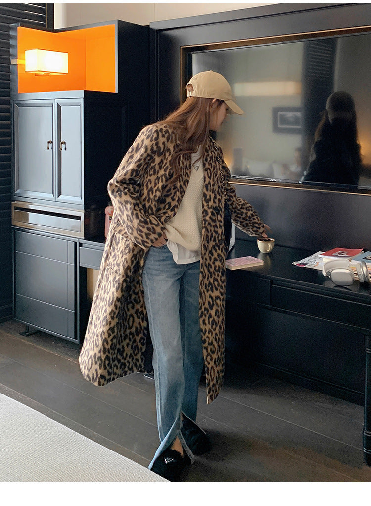 Long Leopard Print Woollen Coat