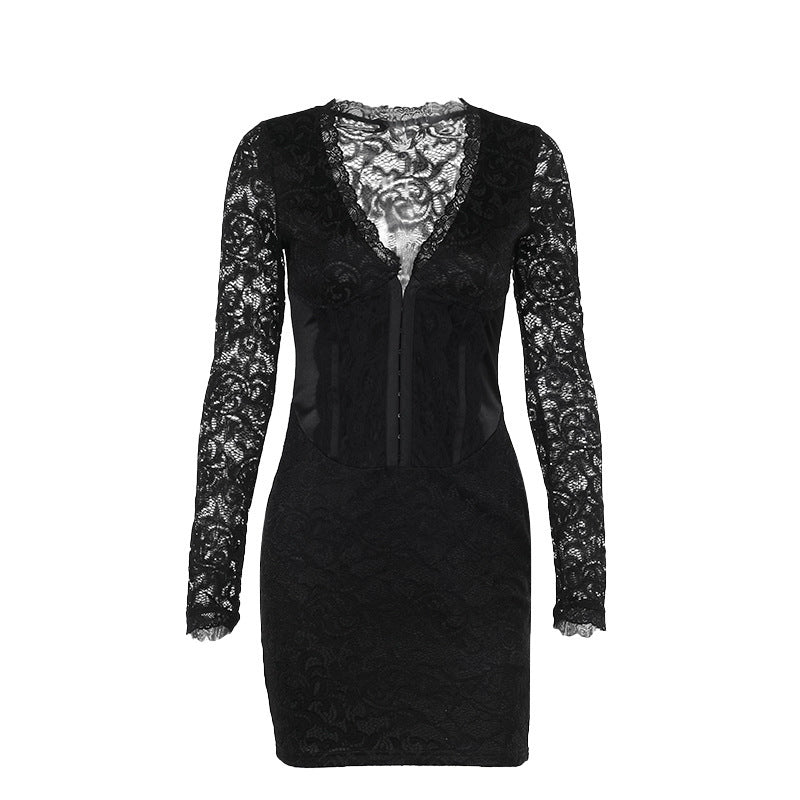 Long-sleeve Narrow Lace Mini Dress