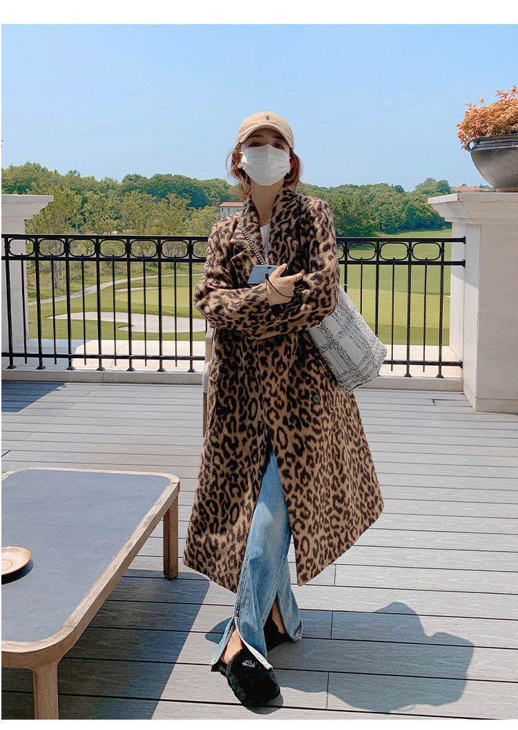 Long Leopard Print Woollen Coat