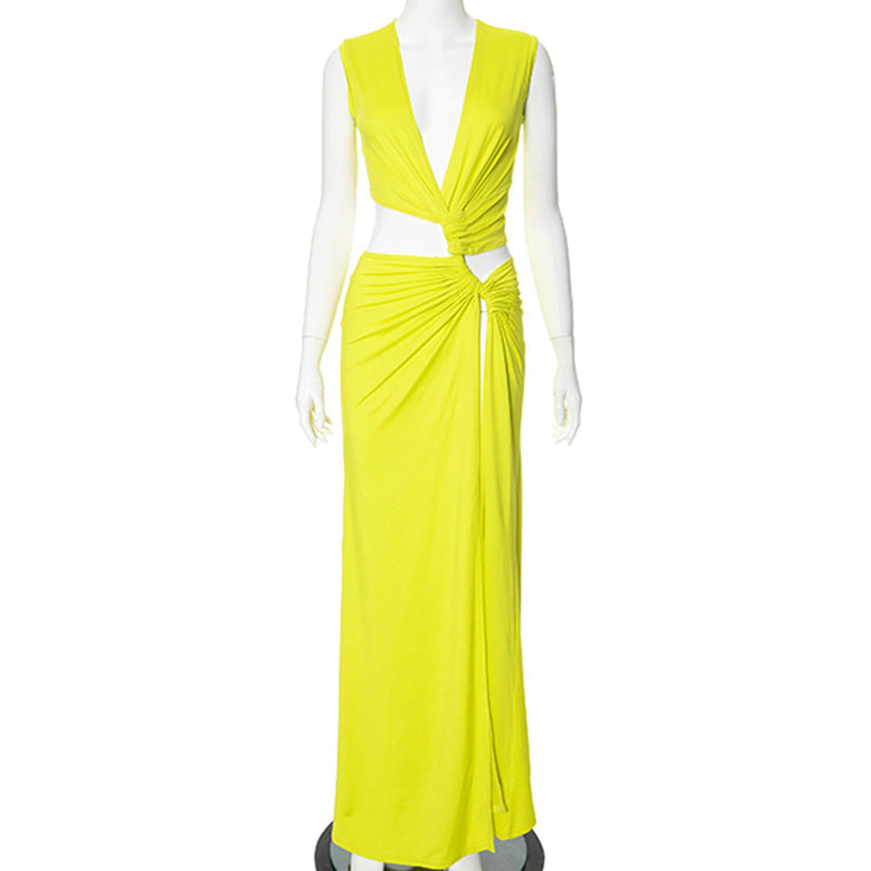 Solid Color Deep V-neck Hollow-out Slimming Evening Dress