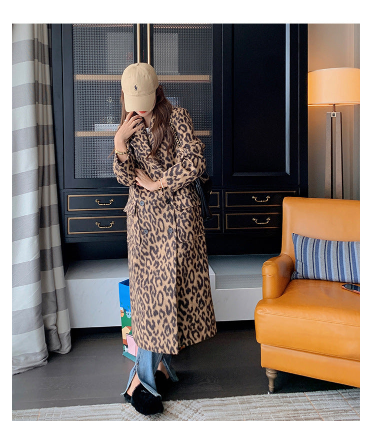 Long Leopard Print Woollen Coat