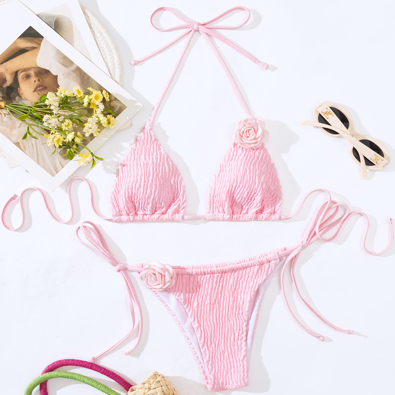 Pink Rose Bikini with a Side Tie Thong