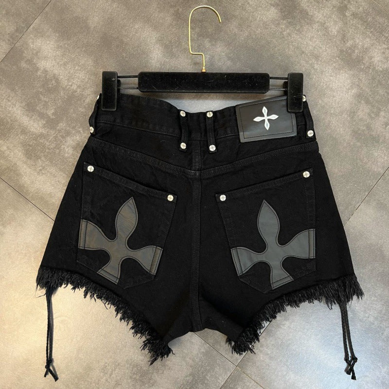 Lace-up Frayed Cross Flower & Pattern Denim Shorts