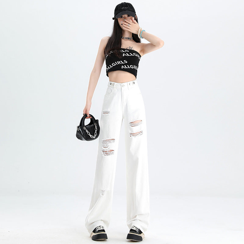 High-Waist Denim Pants Slim Fit Straight