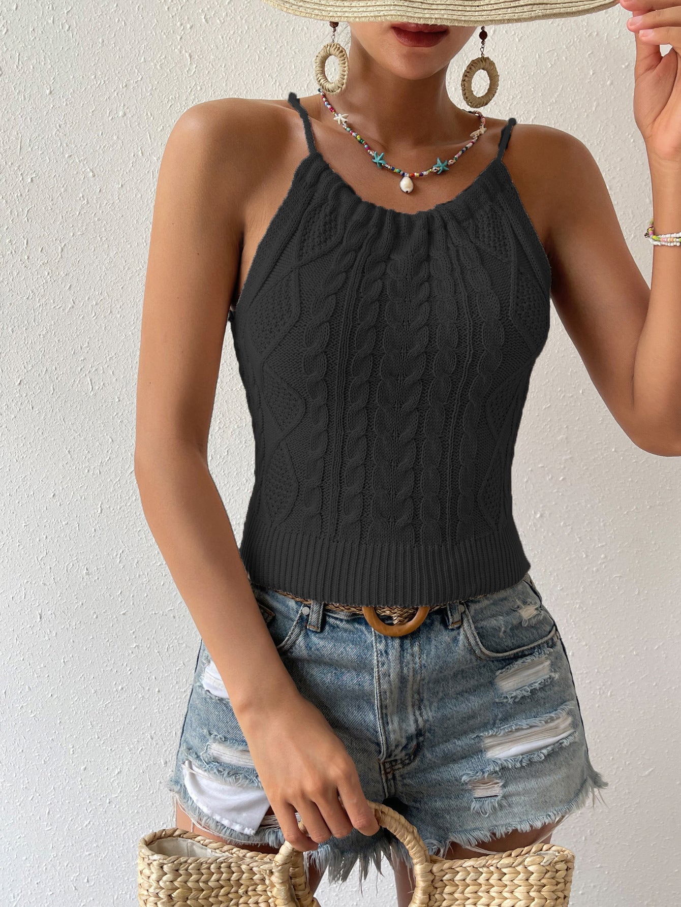 Knitted Backless Lace-up Sling Top