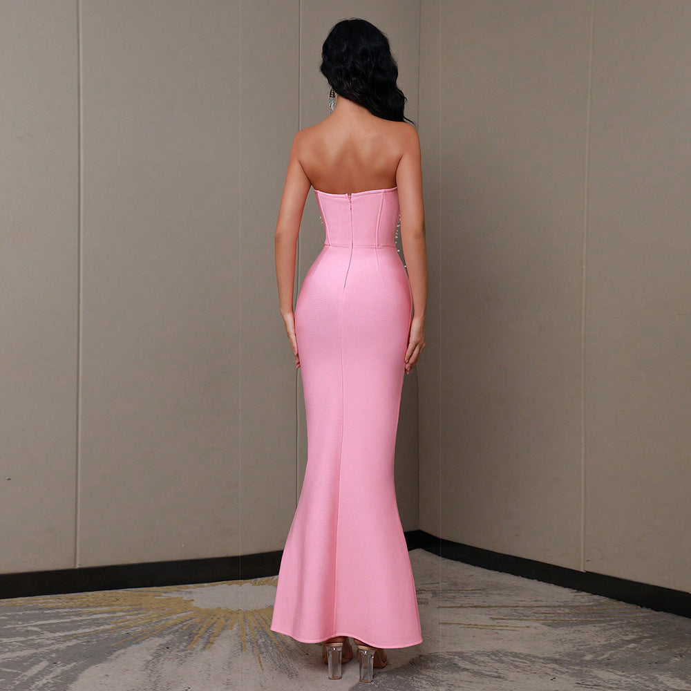 Pink Beaded Long Bandage Dress