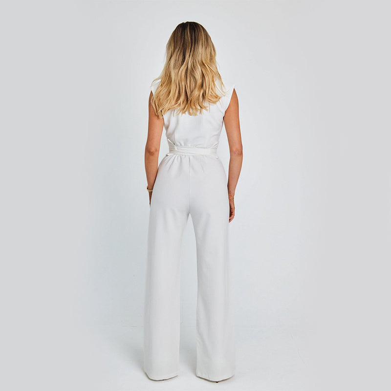 Long Sleeveless Jumpsuit Summer V-neck Casual Wide Leg Long Overalls