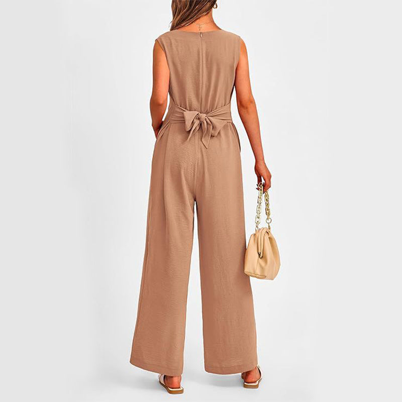 V-neck Sleeveless Long Jumpsuit With Pockets And Lace-up