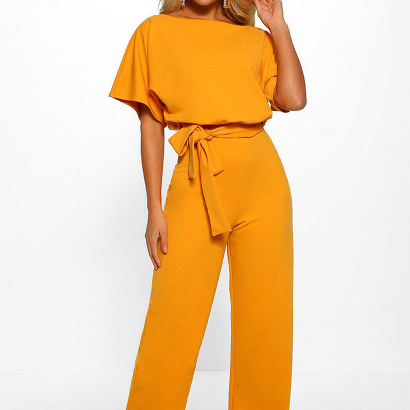 Lace-up Button Short-sleeved Jumpsuit